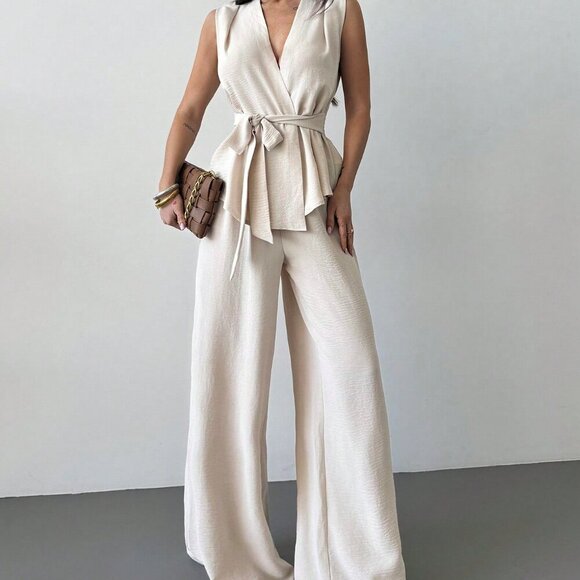 Apricot Elegant Women's Surplice Sleeveless Belted Blouse & Wide leg Pant Set - Picture 3 of 7
